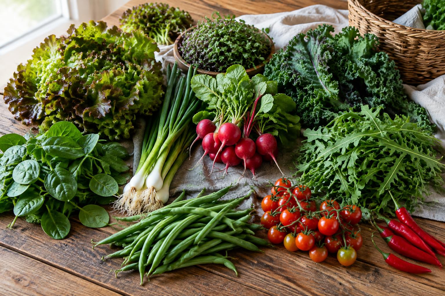 Freshly harvested vegetables from an indoor garden on a wooden table